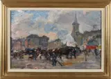 Emile Thysebaert, Stadsmarkt met paarden en figuren, Olieverf op paneel