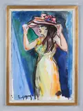 Freek van de Berg, Dame met hoed, Aquarel op papier