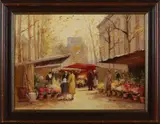 L. Basset, Stadsgezicht met bloemenmarkt en figuren, Olieverf op linnen