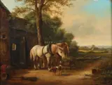 L. Hoevenaar, Paarden aan het voeren bij stal, Olieverf op paneel