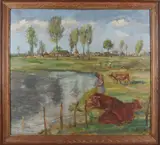 Gabriel Engels, Landschap met vee en boerin, Olieverf op linnen