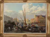 Emile van Damme, Belgisch havengezicht met haven arbeiders, Olieverf op linnen