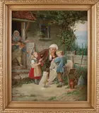 Gesigneerd Otto Strijensky, Kinderen bij opa en oma met vlieger, Olieverf op linnen