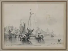 Henri Adolphe Schaep, Hollandse haven met figuren, Potloodtekening