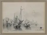 Henri Adolphe Schaep, Hollandse haven met figuren, Potloodtekening