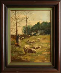 J. ter Haar, Herderin met schapen, Olieverf op linnen