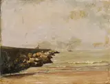 Carl Breitenstein, Kustgezicht met zeilboot, Olieverf op linnen