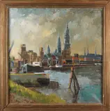 K. Heijmans, Gezicht op haven van Antwerpen, Olieverf op linnen