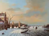 Leo Scheen, Romantisch Hollands wintergezicht, Olieverf op paneel