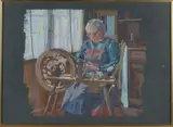 Otto Götzinger, Vrouw achter spinnewiel, Zeefdruk op papier