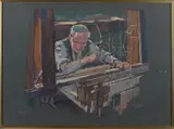 Otto Götzinger, Man achter weefgetouw, 1971, Zeefdruk op papier