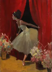 G. Lerin, Balletdanseres bij gordijn en bloemen, Olieverf op papier