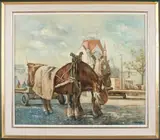 J.R. Wismeijer, Paarden op de Rotterdamse kade, Olieverf op linnen