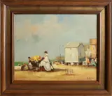 G. van Jeveren, Hollands strandsgezicht met dames, Olieverf op paneel
