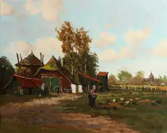 Henk Reerink, Boerderij met kippen, Olieverf op linnen