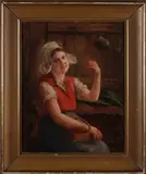 C. Vermoelen, Vrouw eet kersen, Olieverf op paneel