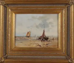 H. Balman, Hollands strandgezicht met bomschuit en vissersvolk, Olieverf op paneel