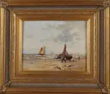 H. Balman, Hollands strandgezicht met bomschuit en vissersvolk, Olieverf op paneel