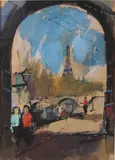 Onduid. gesig., Stadsgezicht Parijs, Gouache op papier