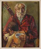 Rodalfo Tur, Halfblinde man met gitaar en kind, 1970, Olieverf op linnen