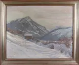 Clemens Seidl, Blokhut in winterse bergen, Olieverf op linnen