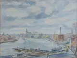K.T. Nauhaus, Riviergezicht door stad, Aquarel op papier