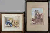 Twee 19e eeuwse aquarellen, Stilleven + stadsgezicht, 1850, Twee 19e eeuwse aquarellen