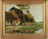 Klaas Overzee, Boerderij met boer en kippen, Olieverf op linnen