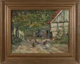 Vakwerk boerderij met boerin en kippen by Onduid. gesig., Olieverf op linnen, offered Jun 2019