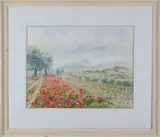 J. Lorjé, Berglandschap met bloemenveld, 1988, Aquarel op papier