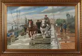 Wim Heineke, Kade Rotterdam met figuren, Olieverf op linnen
