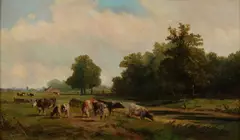Willem Vester, Landschap met koeien, Olieverf op paneel