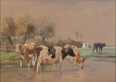 Dirk van Lokhorst, Koeien bij drenkplaats, Aquarel op papier
