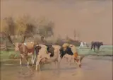 Dirk van Lokhorst, Koeien bij drenkplaats, Aquarel op papier