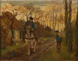 C. Koppenol, Boeren dorpsstraat met paard en ruiter, Olieverf op linnen