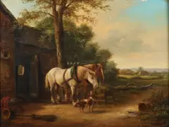 L. Hoevenaar, Paarden aan het voeren bij stal, Olieverf op paneel