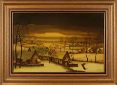 A. Mortier, Boerderij in de winter, Olieverf op paneel
