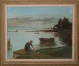 Hollands riviergezicht met punter en wasvrouw by Onduid. gesig., Olieverf op linnen, offered Apr 2019