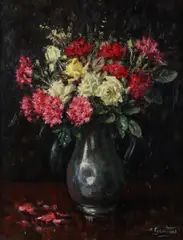Albert Geudens, Tinnen kan met bloemen, Olieverf op paneel