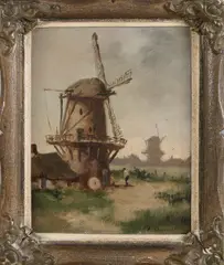 J. Damstra, Landschap met windmolens en figuur, Olieverf op paneel