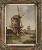 J. Damstra, Landschap met windmolens en figuur, Olieverf op paneel