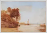 Onduid. gesig., Landschap met baai, zeilboot en figuur, Aquarel op papier