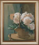 Jozef Hoevenaar, Gevlochten mand met bloemen, Aquarel op papier