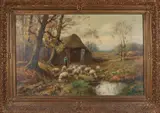 Piet Bouter, Landschap met schaapskooi, Olieverf op linnen