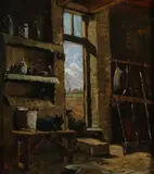 J.W. van Lohuizen, Interieur met twee katten, Olieverf op paneel