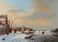Leo Scheen, Romantisch Hollands wintergezicht, Olieverf op paneel