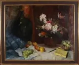 Stilleven met fruit, fles en bloemvaas by Onduid. gesig., Olieverf op linnen, offered Apr 2019
