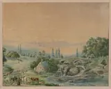 Gerrit Pieter Verschuur, Herder met vee langs rivier, Aquarel op papier