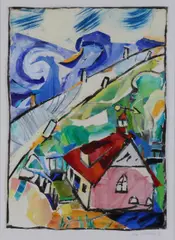 Anna Ostrowska, Huis aan de kust, 1990, Aquarel/collage op papier
