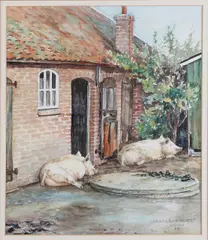 Johan Gelink, Boerenerf met slapende varkens, Aquarel op papier